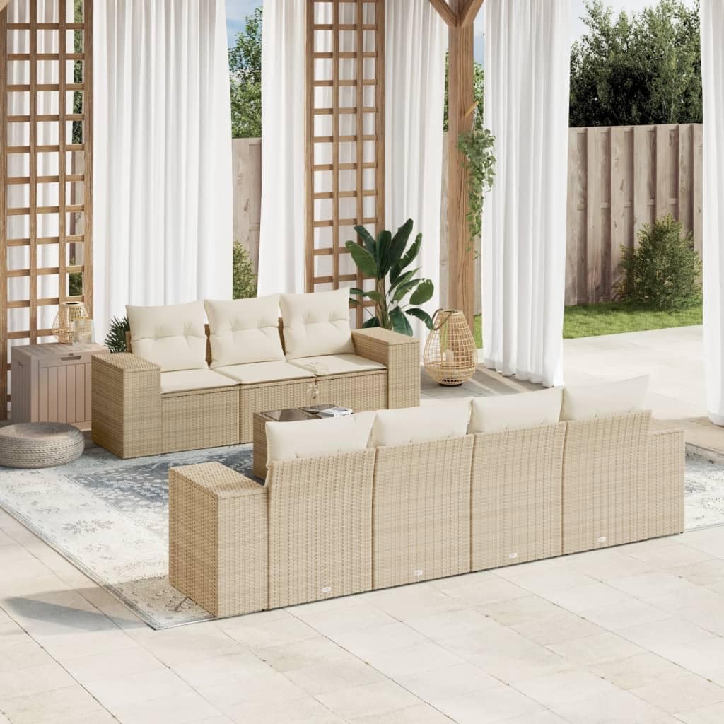Set Divano da Giardino 8 Pezzi in Polyrattan con Tavolo Beige | Salotto componibile modulare per giardino e terrazza con piano del tavolino in vetro temperato e cuscini sfoderabili.