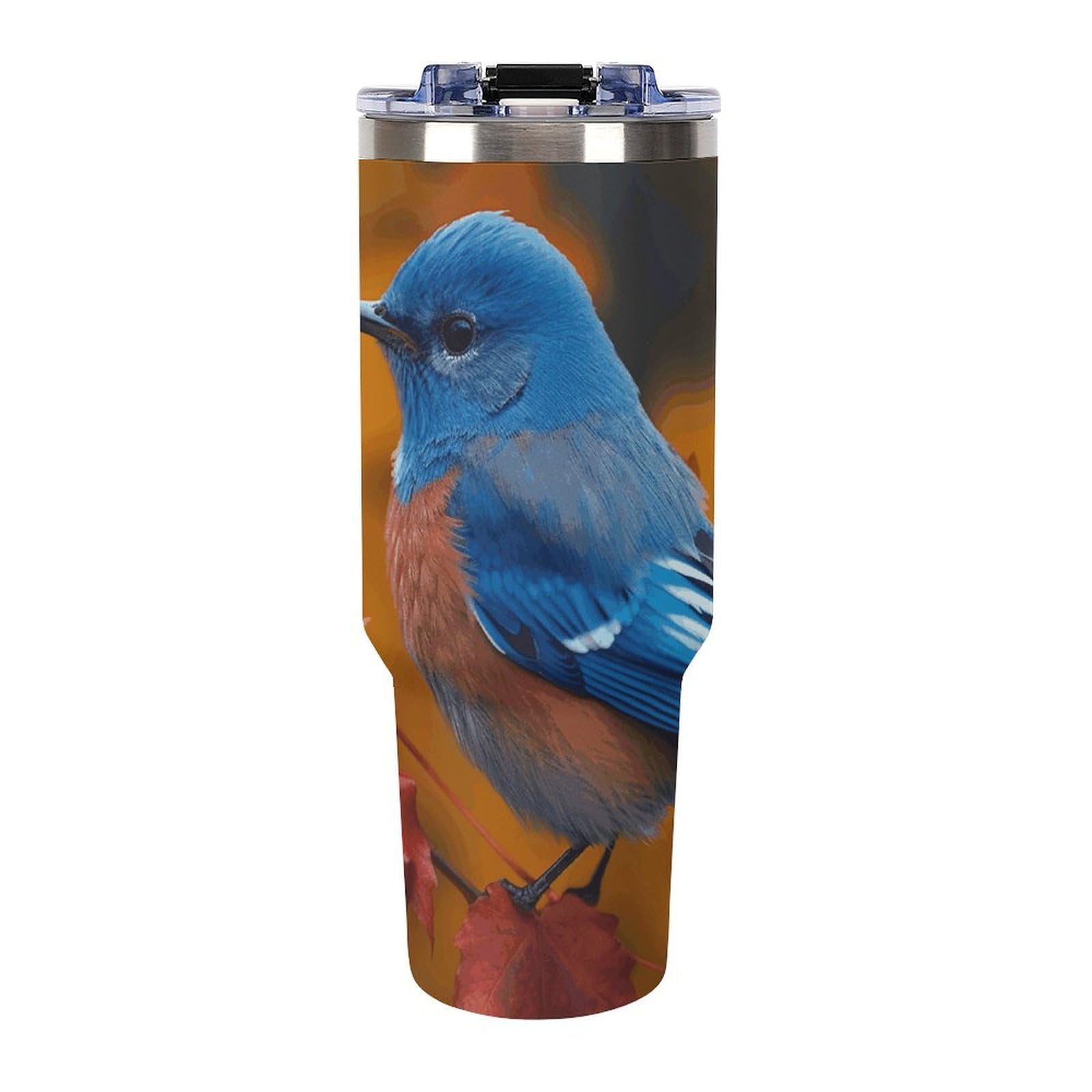 Autobecher aus 304 Edelstahl, 1,2 l, blauer Vogel und Blätter, Becher mit Strohhalm und auslaufsicherem Deckel, großes Fassungsvermögen, vakuumisolierter Reisebecher für Auto-Becherhalter