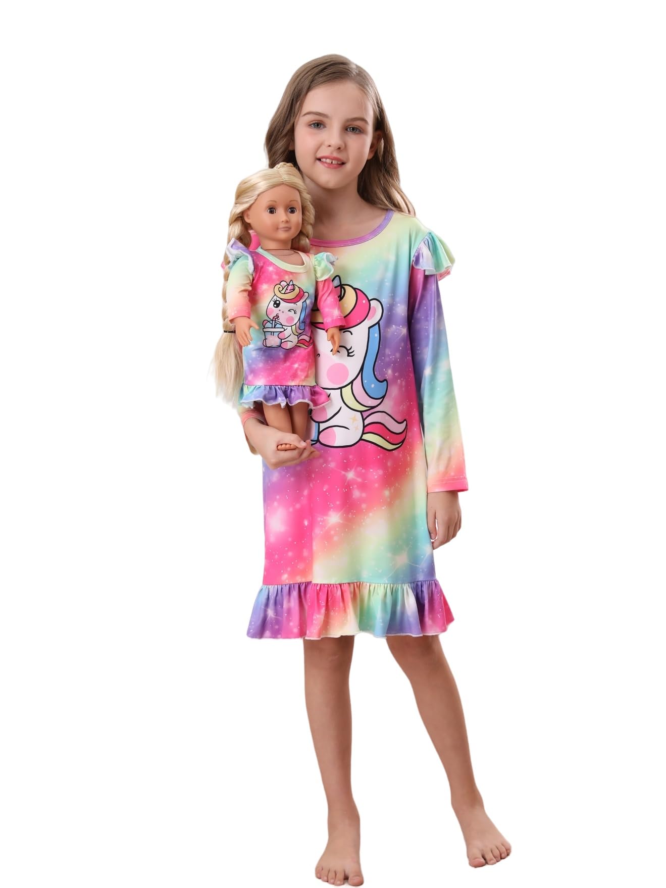 Bow Dream Toddler Girl Dress Cute and Matching American Girl Doll Clothes for Girls Cartoon Pattern Long Sleeve Dress