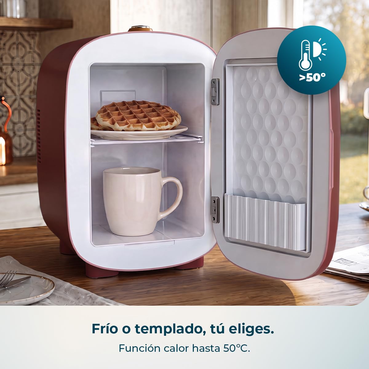 Cecotec Mini Frigorífico Bolero MiniCooling 4L Capri Red. Funciona a 12V y 220V, Especial para Coche y Caravanas, Función de Enfriamiento y Calentamiento, Rango de 7 a 50 Grados, Fácil Transporte