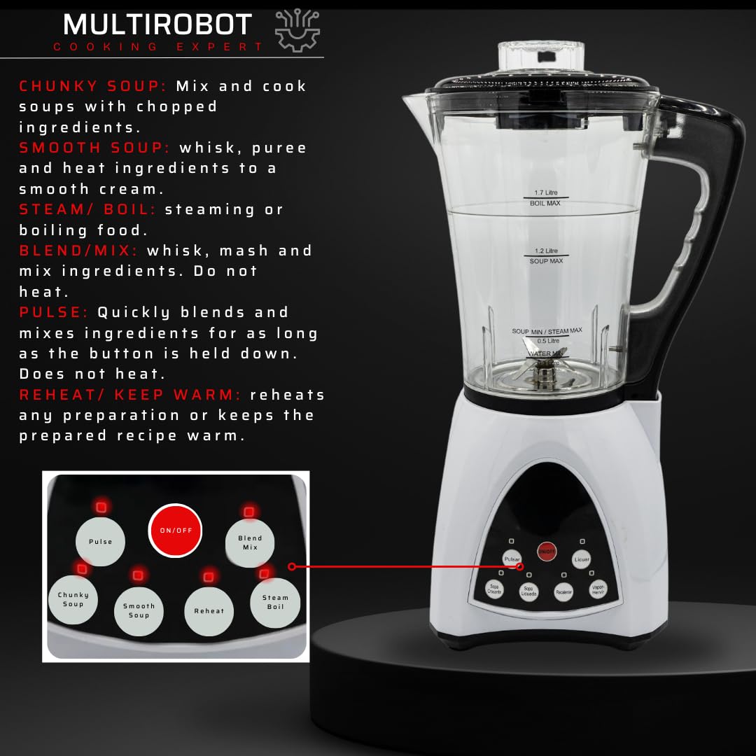 MULTI ROBOT Soupière électrique, Multifonction Blender Smoothie Maker, 1700 ml, Remuer, fouetter et cuisiner, puissant processeur alimentaire ultra-compact, Idéal pour les soupes (1 Multi Robot + Set)