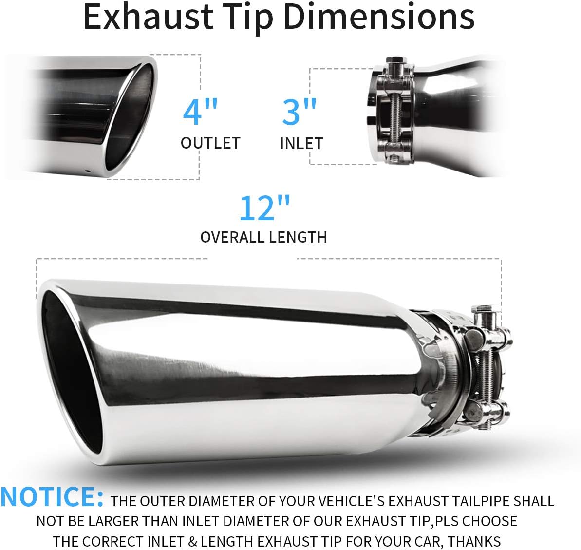 3 Inlet Exhaust Tip, OsoTorero Universal 3" x 4" x 12" Exhaust Tailpipe Tip T-Bolt On Clamp for Pickup Truck Car, Silver