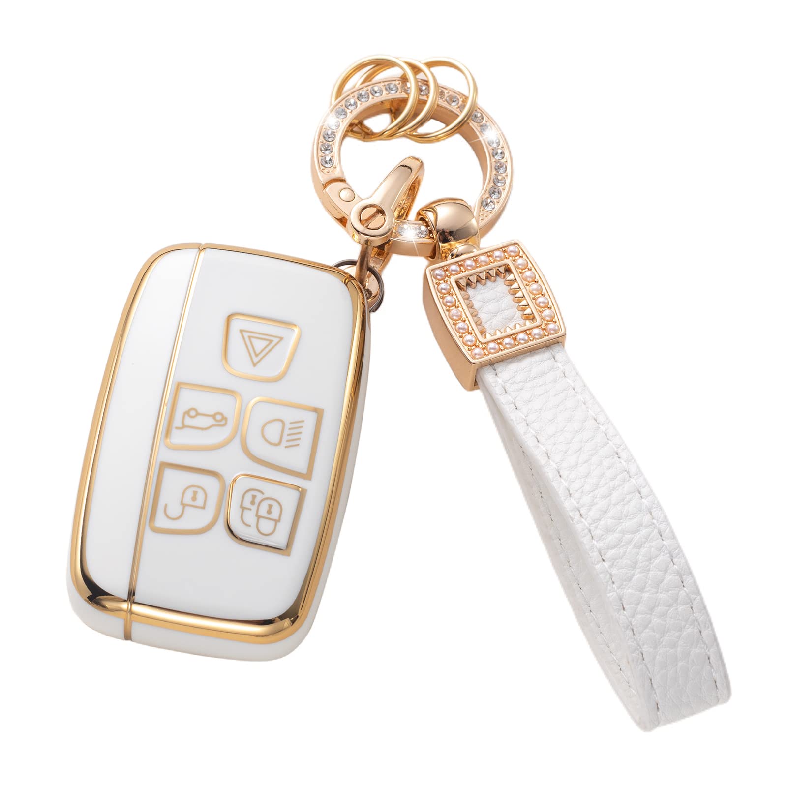 for Land Rover Jaguar Key Fob Cover with Leather Lanyard, Car Key Fob Case Compatible with Evoque Velar Sport Discovery Freelander2 LR4 Land Rover Sport Smart Key Protector Holder