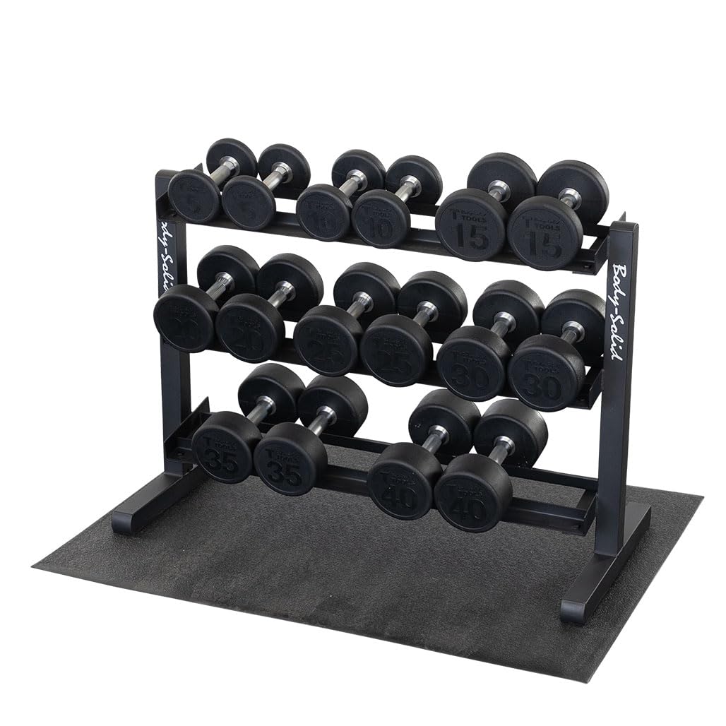 Body-Solid GDR363-SDP Round Rubber Dumbbell Set with Rack and Floor Mat Includes 5-40 lb Dumbell Pairs with Chrome-Plated