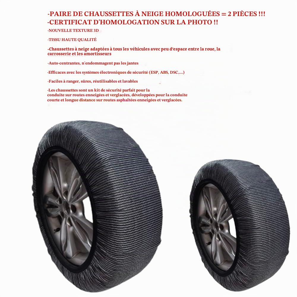 Chaussettes DE Neige 195/55 R16 pour Pneu Roues avec Jante 16 Taille M KIT Neige pour PNEUS Couverture À Neige pour Voitures HOMOLOGUEES 1 Paire Utilisation sur Routes ENNEIGÉES ET GLACEES