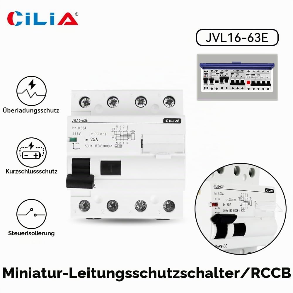 CILIA Fehlerstromschutzschalter Typ AC 30mA 4P – Industrieller Schutzschalter 400 V, 4 DIN-Module, RCCB, Dreiphasiger Schutz (CEI EN 61008-1) In=63A (JVL16-63-4P-63A)