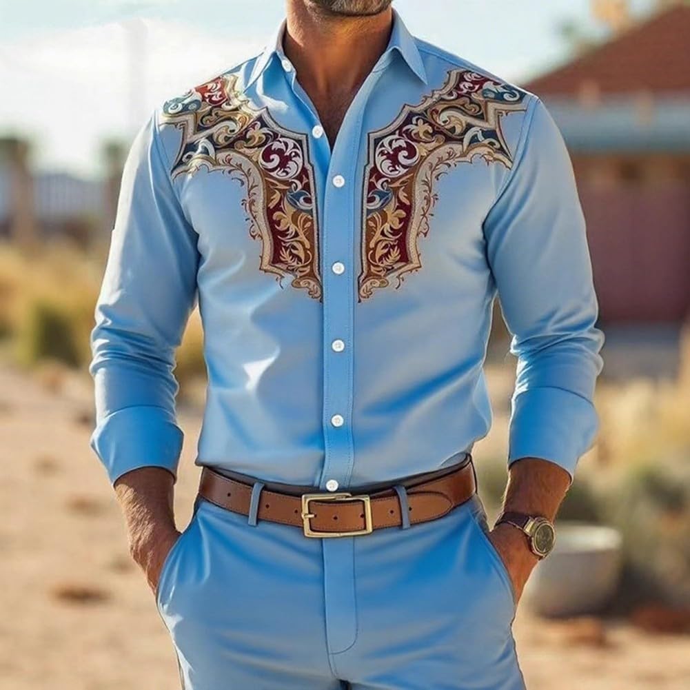 Camicia da uomo con motivo floreale retrò e colletto con risvolto e maniche lunghe elasticizzate, camicia casual adatta per l'uso quotidiano e per le feste