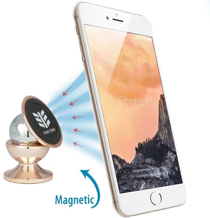 Car Mount,Foten Rotatable Flexible Mini 360 Degree Rotation One Step Mounting Magnetic Car Mount Holder for iPhone 6/6S Plus and Android Cellphones - Rose Gold