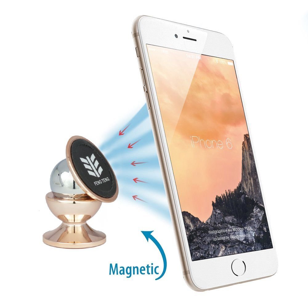 Car Mount,Foten Rotatable Flexible Mini 360 Degree Rotation One Step Mounting Magnetic Car Mount Holder for iPhone 6/6S Plus and Android Cellphones - Rose Gold