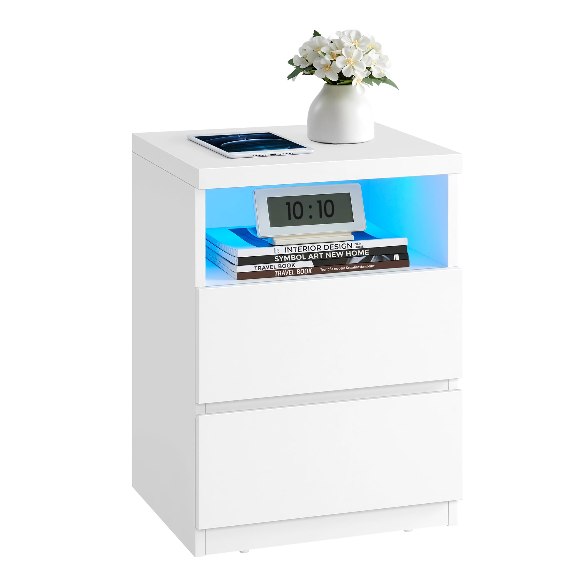 VASAGLE Nightstand with Adjustable LED Light, Bedside Table with Drawers, Side Table, for Bedroom, Modern Minimalist Style, White ULET634T14
