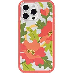 OtterBox iPhone 15 Pro MAX (Only) Symmetry Series Clear Case - QUILTED POPPIES (Red), snaps to MagSafe, ultra-sleek, raised edges protect camera & screen