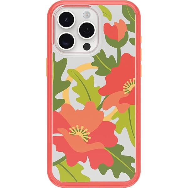 OtterBox iPhone 15 Pro MAX (Only) Symmetry Series Clear Case - QUILTED POPPIES (Red), snaps to MagSafe, ultra-sleek, raised edges protect camera & screen