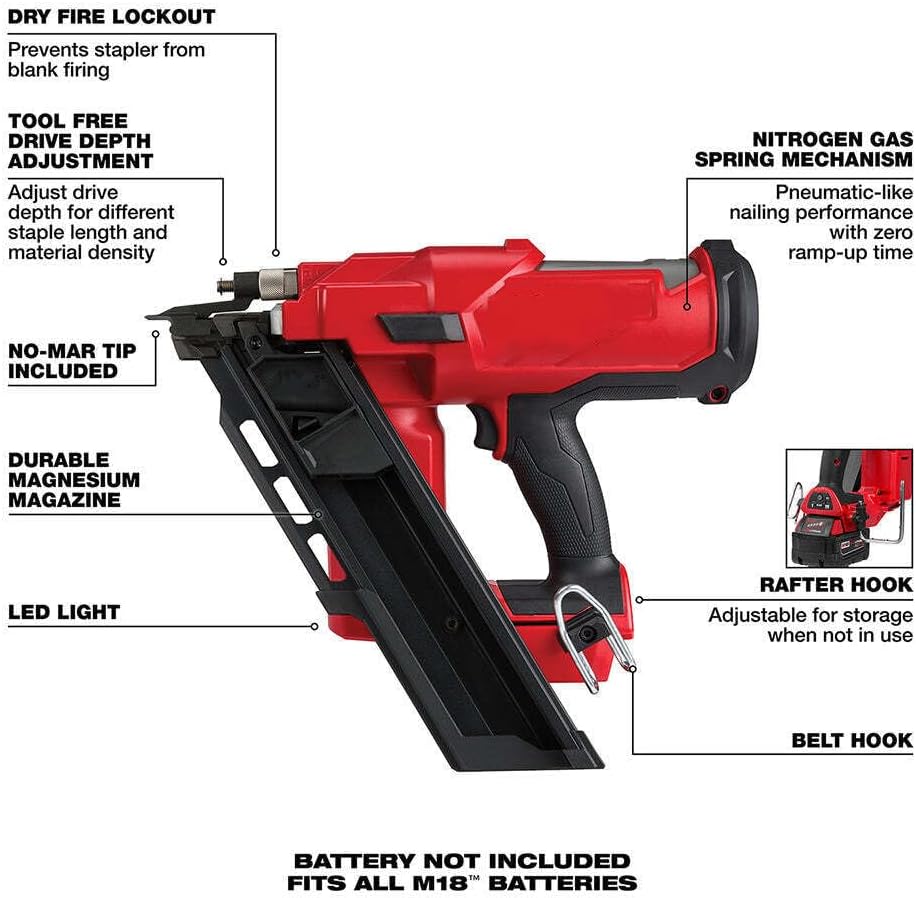 Framing Nailer, For Milwaukee 2745-20 M18 18V 30 Degree Lithium-Ion Framing Nailer (Size:14.1 x 4.7 x 13.3 in) - Bare Tool, Red,black