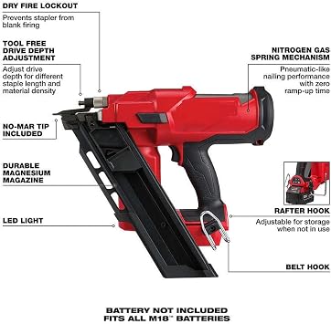 Framing Nailer, For Milwaukee 2745-20 M18 18V 30 Degree Lithium-Ion Framing Nailer (Size:14.1 x 4.7 x 13.3 in) - Bare Tool, Red,black