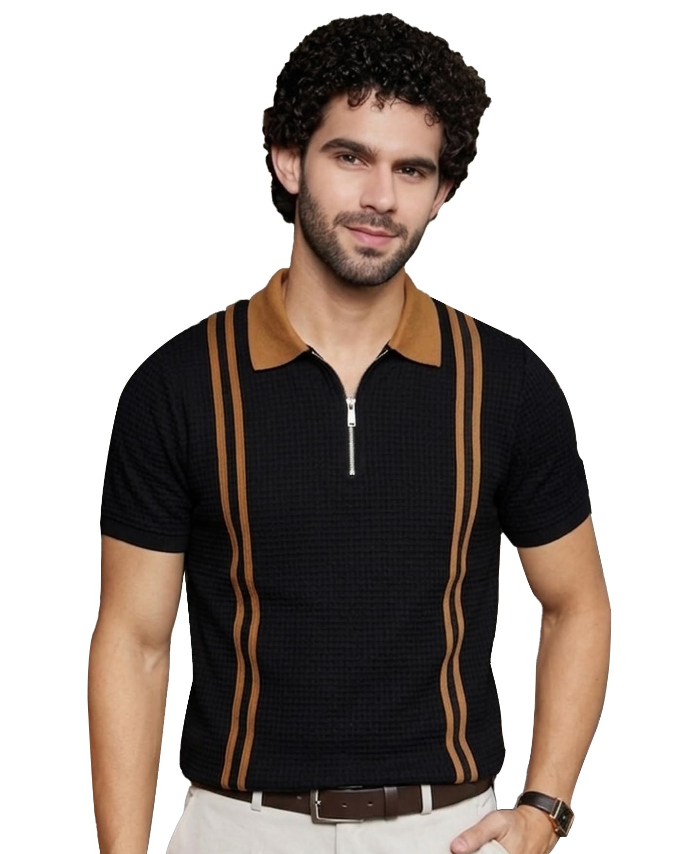 Men's Solid Polo Neck Cotton Blend T-Shirt, Knit Regular fit T-Shirt for Men, Texture Polo Half Sleeves Tshirts-picture-53