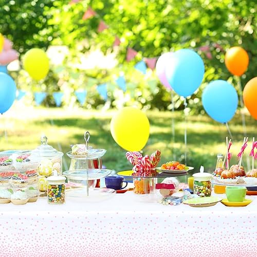 Miniatura 4 de Mulbozy 2 manteles de plástico blanco con lunares rosa para mesa rectangular, fundas de mesa de fiesta de confeti de puntos rosa para baby shower,