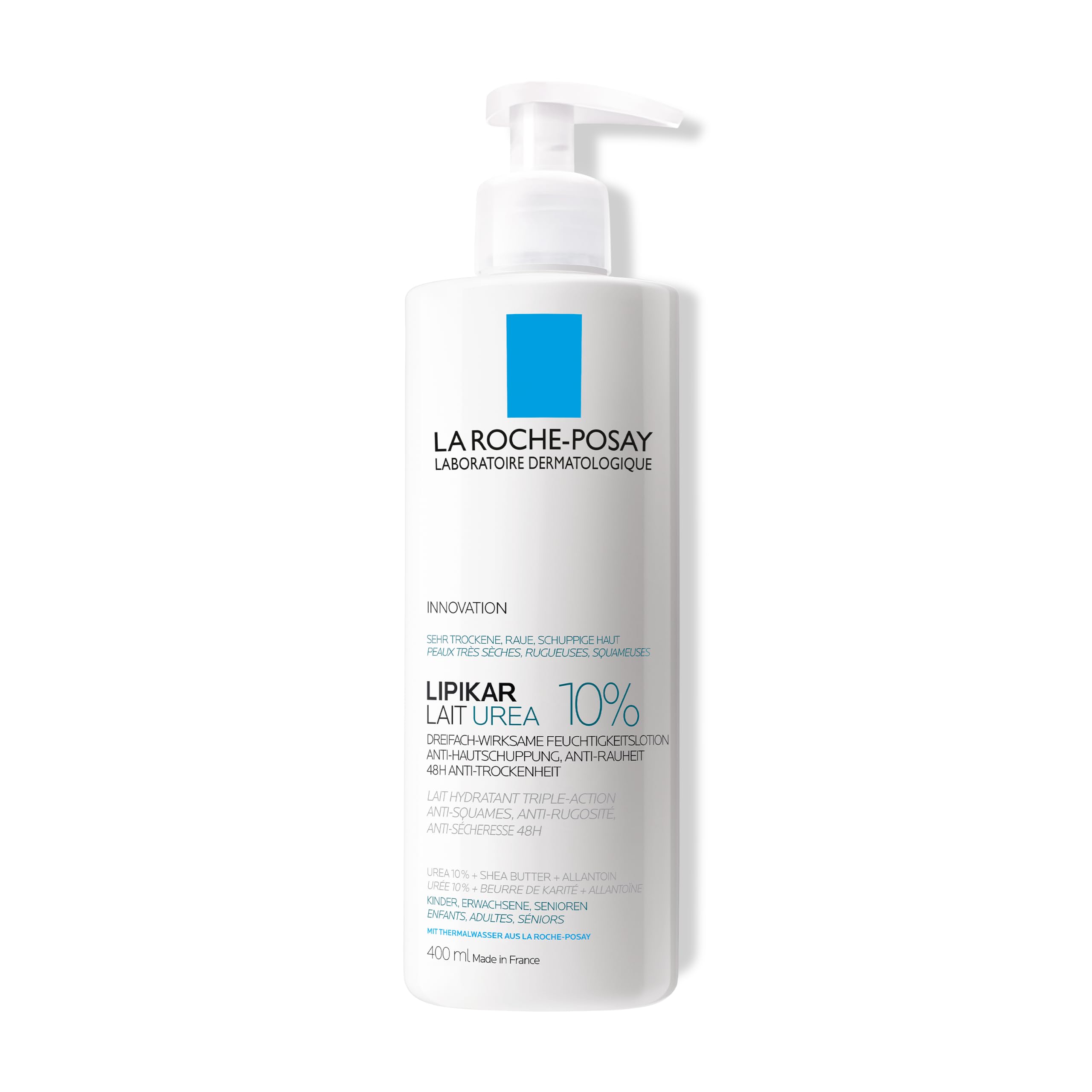 La Roche Posay Lipikar Lait Urea 10 %, Feuchtigkeitsspendende Körperlotion mit 10 % Urea, Beruhigende Körpermilch für sehr trockene Haut, Dreifach wirksame Hautpflege, 400 ml