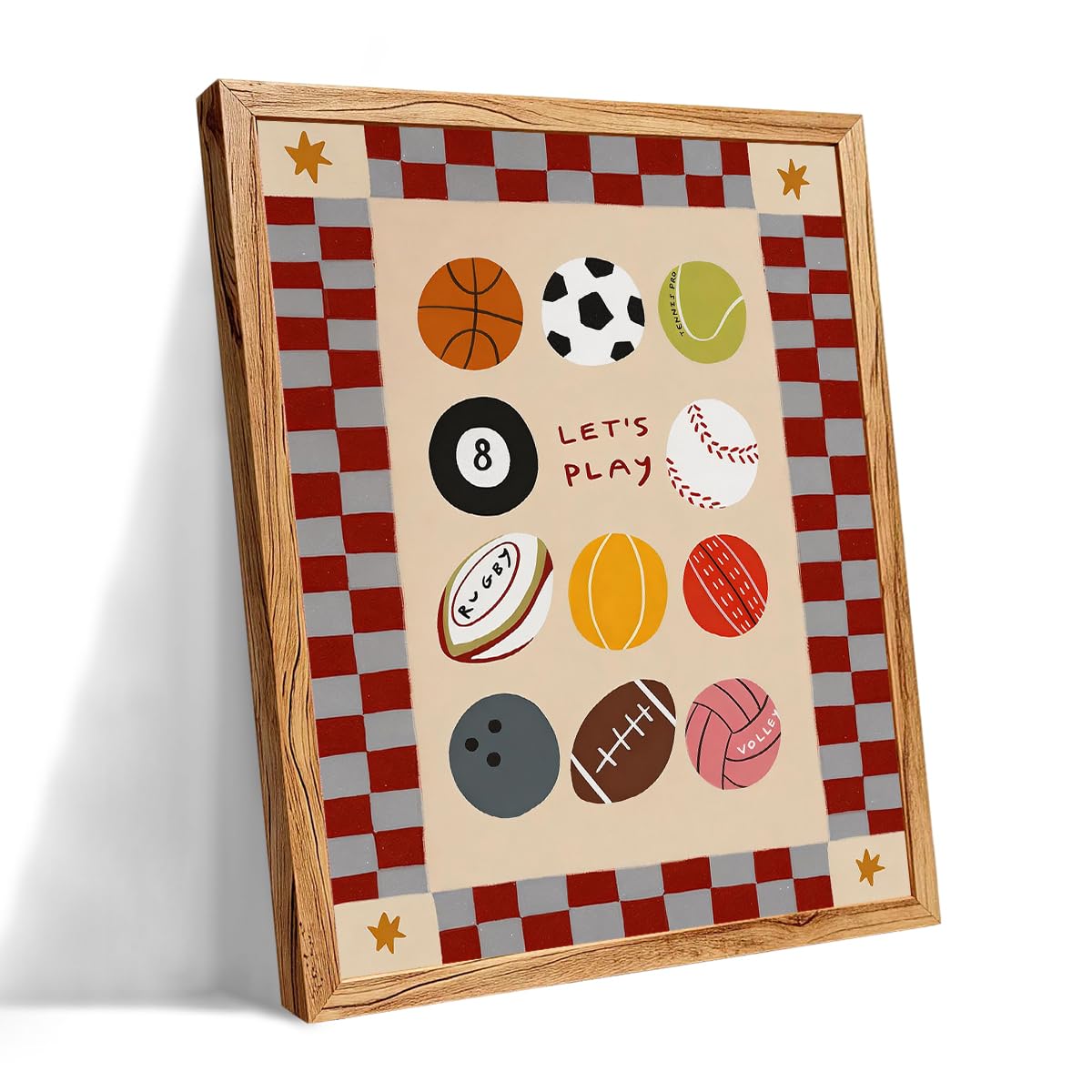 Photo 1 of Framed Let's Play Sports Balls Canvas Wall Art 08x10 inch Vintage Checkered Sports Themed Poster Trendy Kids Room Decor for Nursery Bedroom Playroom