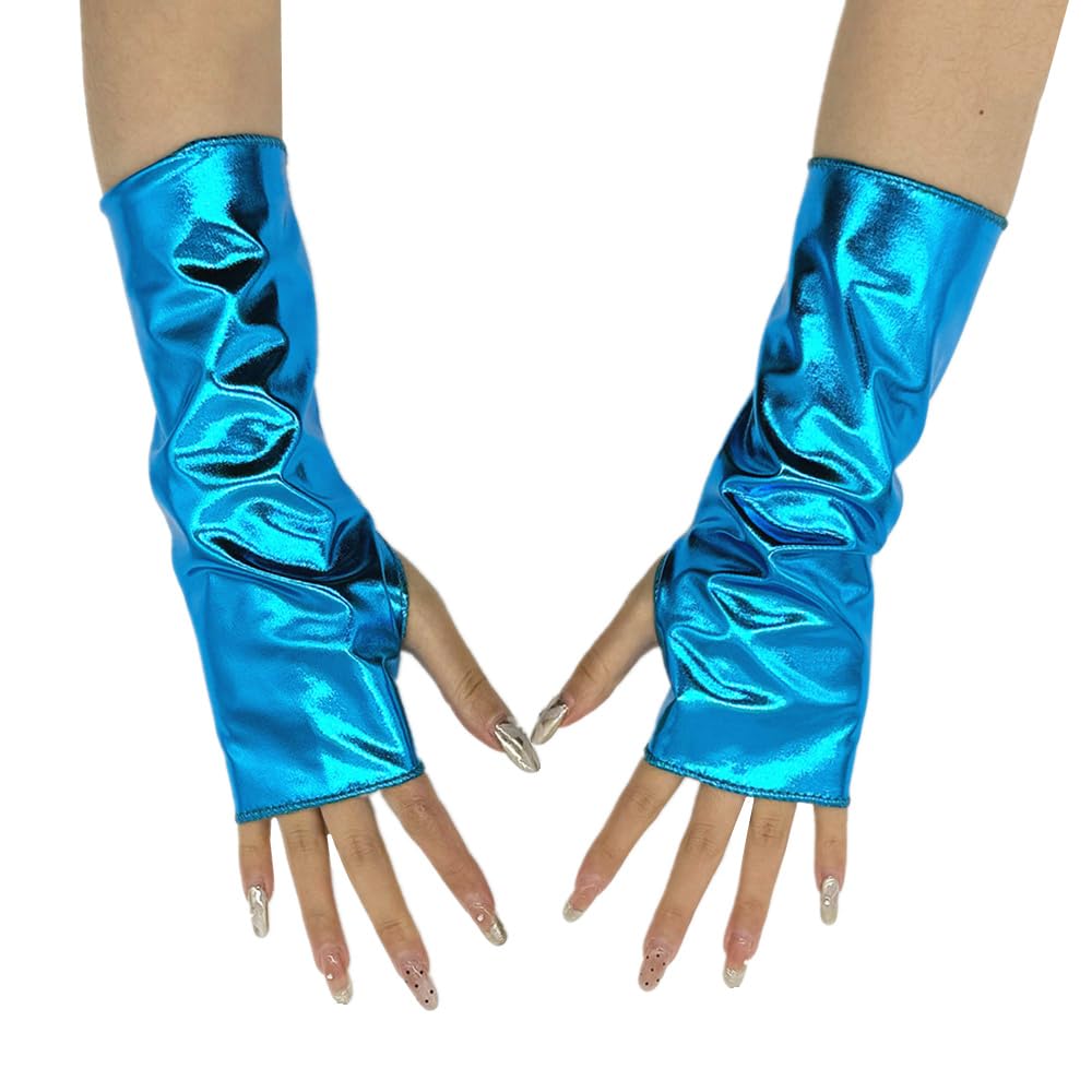 RuiChy Women Metallic Fingerless Gloves, Unisex Patent Leather Shiny Short Opera Gloves Wetlook Arm Warmers for Evening Party Masquerade Rave Stage Performance Cosplay Night Club Dancewear (Blue)