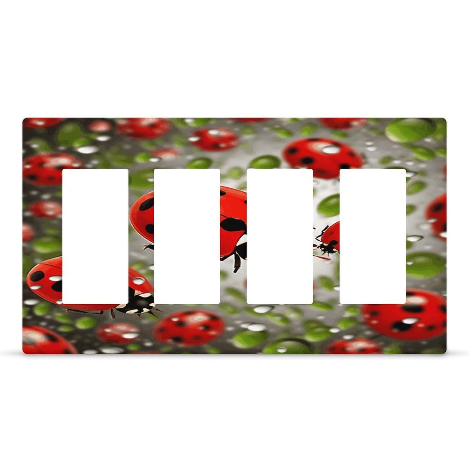 Ladybug Wall Plate Cover Unbreakable Thermoplastic Faceplate Cover Receptacle Outlet Covers Rocker Light Switch Covers 4-Gang Hidden Screw Face Plate for House 8.3x 4.7