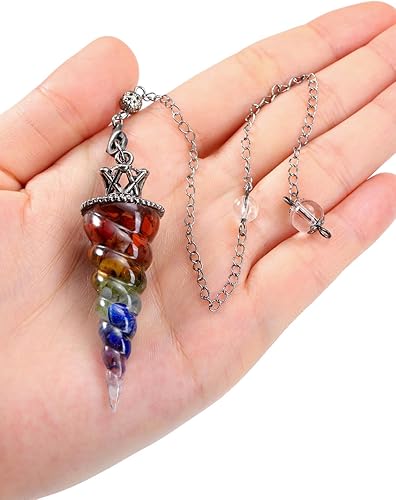 Miniatura 3 de Jovivi Péndulos naturales de cristal de 7 chakras para radiestesia de adivinación, corona de cono de espiral, péndulo puntiagudo con cadena, piedras