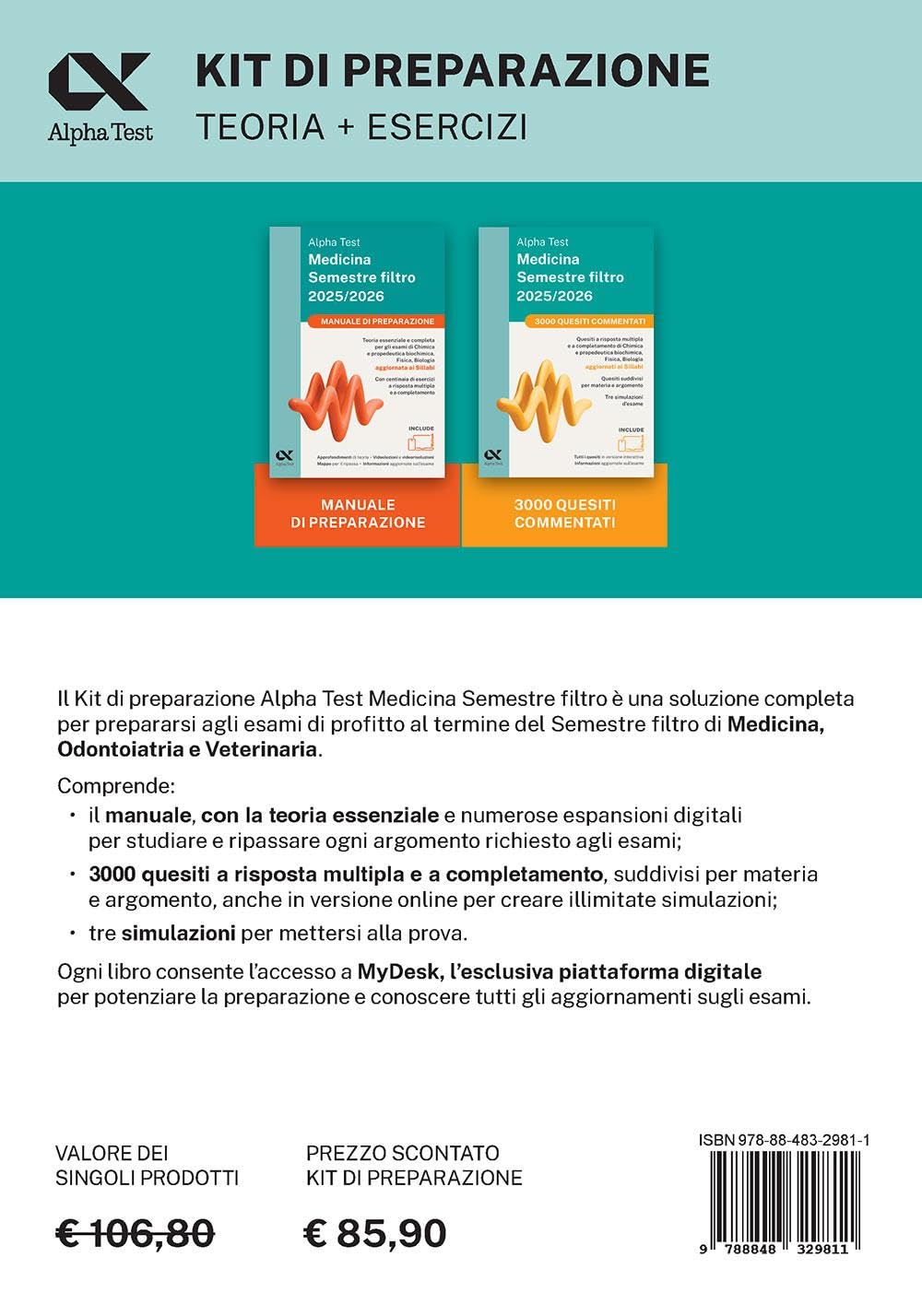 Alpha Test Medicina. Semestre filtro 2025-2026. Kit di preparazione. Chimica e Propedeutica biochimica, Fisica e Biologia. Con piattaforma e simulatore online