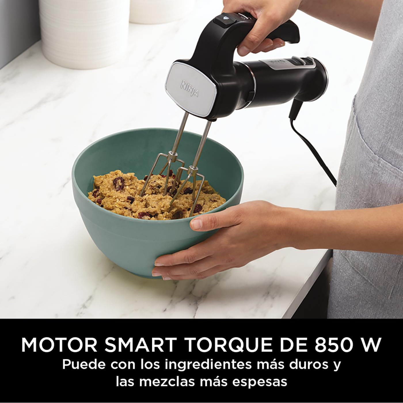 Ninja Foodi Batidora de mano 3 en 1, 850 W, 2 velocidades de batido y 5 velocidades de mezclado para picar, mezclar, amasar, batir y más, piezas aptas para lavavajillas, en negro, CI100EU