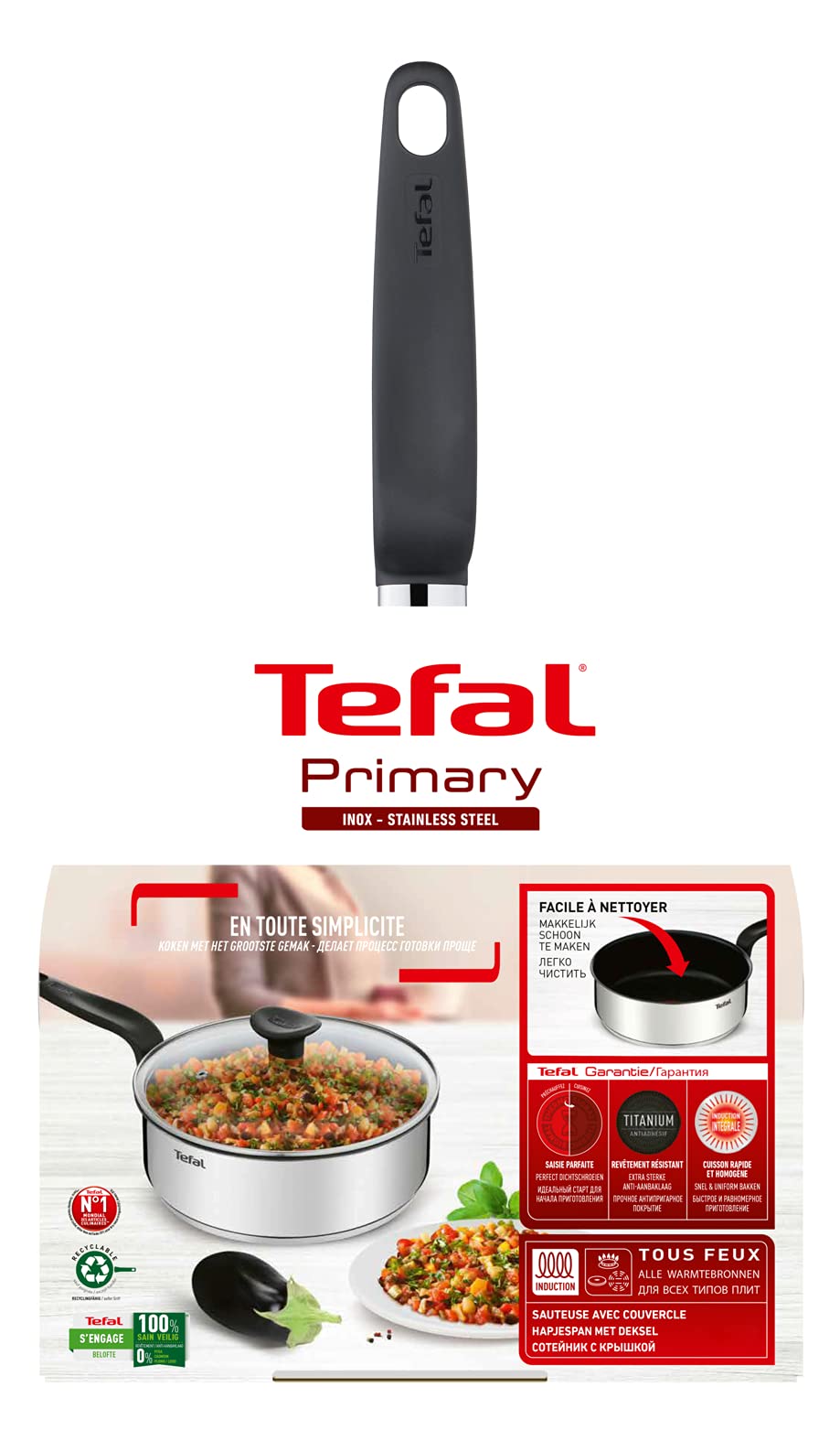 Tefal Primary - Sartén de 24 cm con tapa de cristal, acero inoxidable de primera calidad, revestimiento antiadherente sano, inducción E3093204