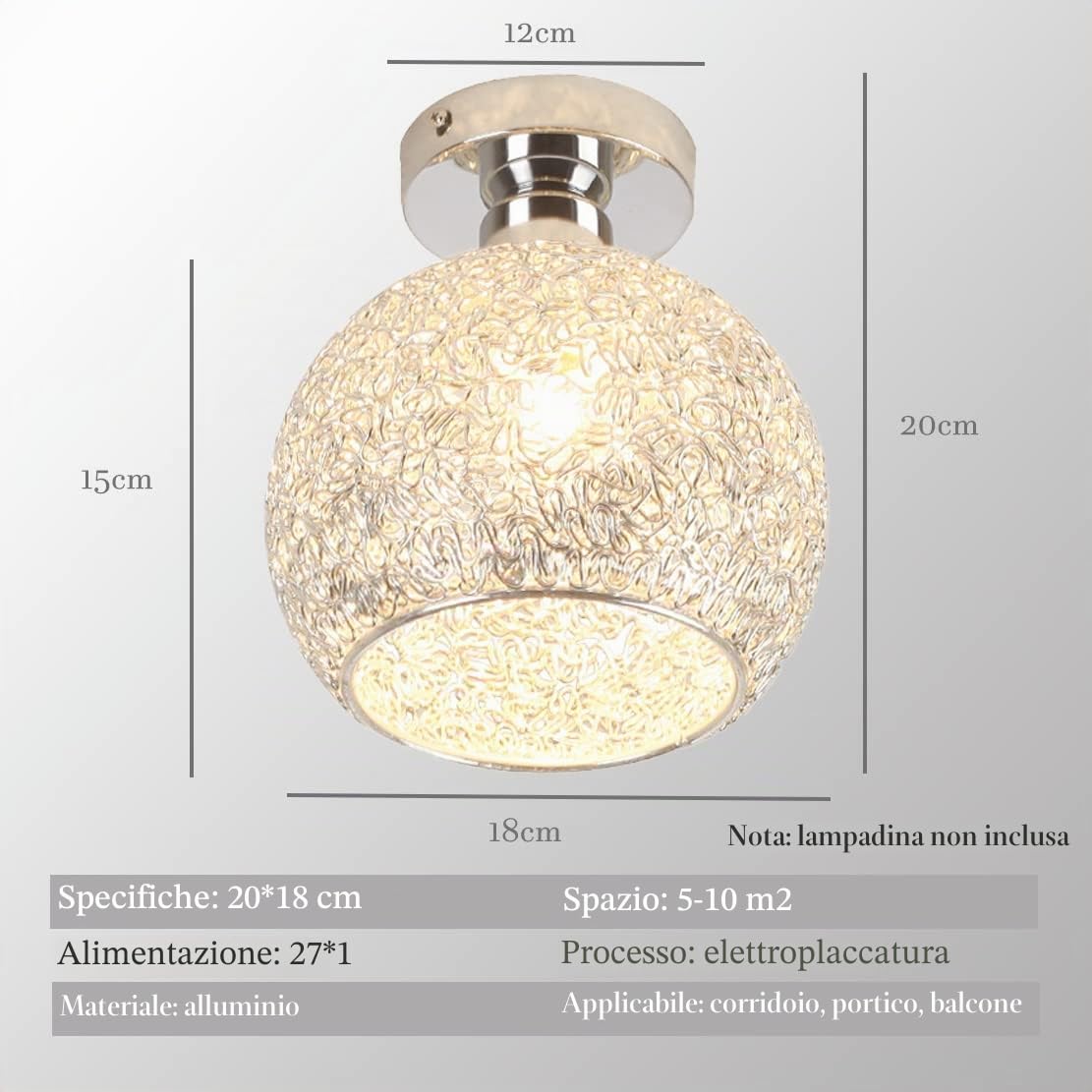 Semplice Moderno Alluminio Lampada da soffitto Corridoio Creativo Decoro Lampadario Mini Palla Illuminazione a sospensione Camera da letto Balcone Ø18CM 1×E27 MAX 40W (Palla, Argento)