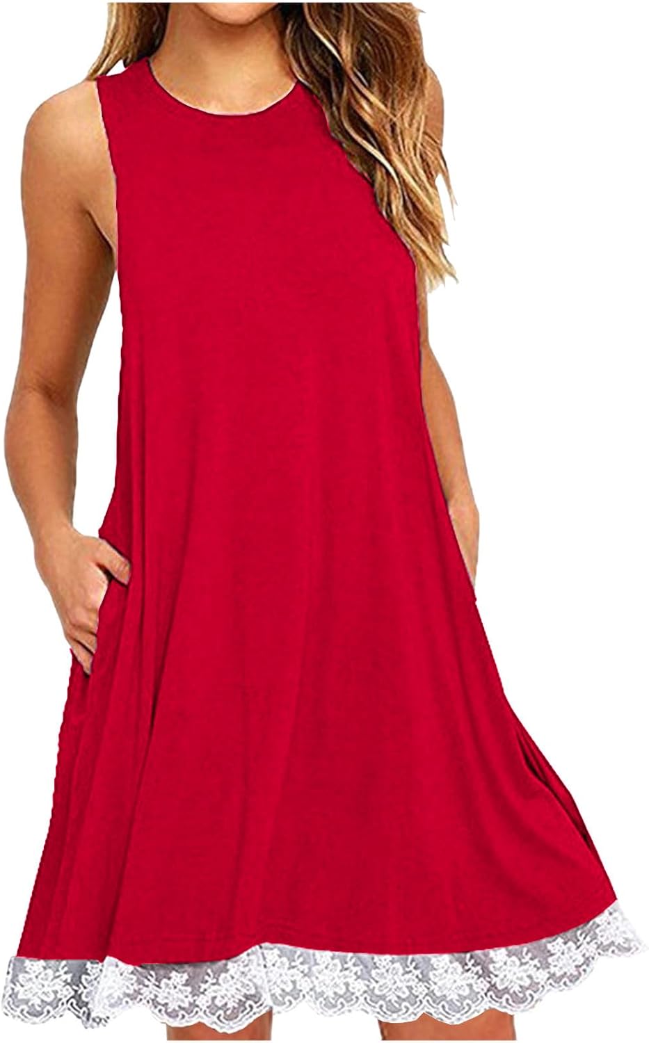 Women's Summer Mini Dresses Lace Trim Sleeveless Tank Dress with Pockets Crewneck Loose Beach Sundress 2025 New