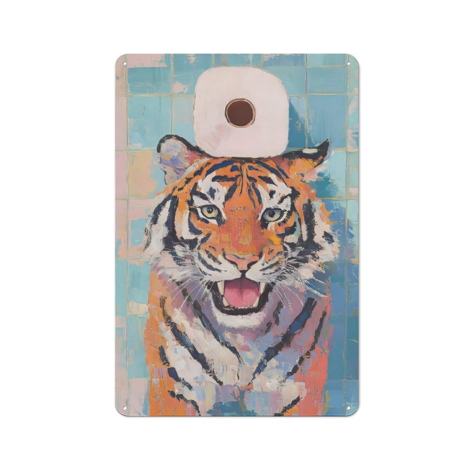 Clean Industrial Tiger with Toilet Paper Decorative Metal Plaque 30x20cm, Loft Wall Plaque for Modern Home, Workshop, Office Or Cafe