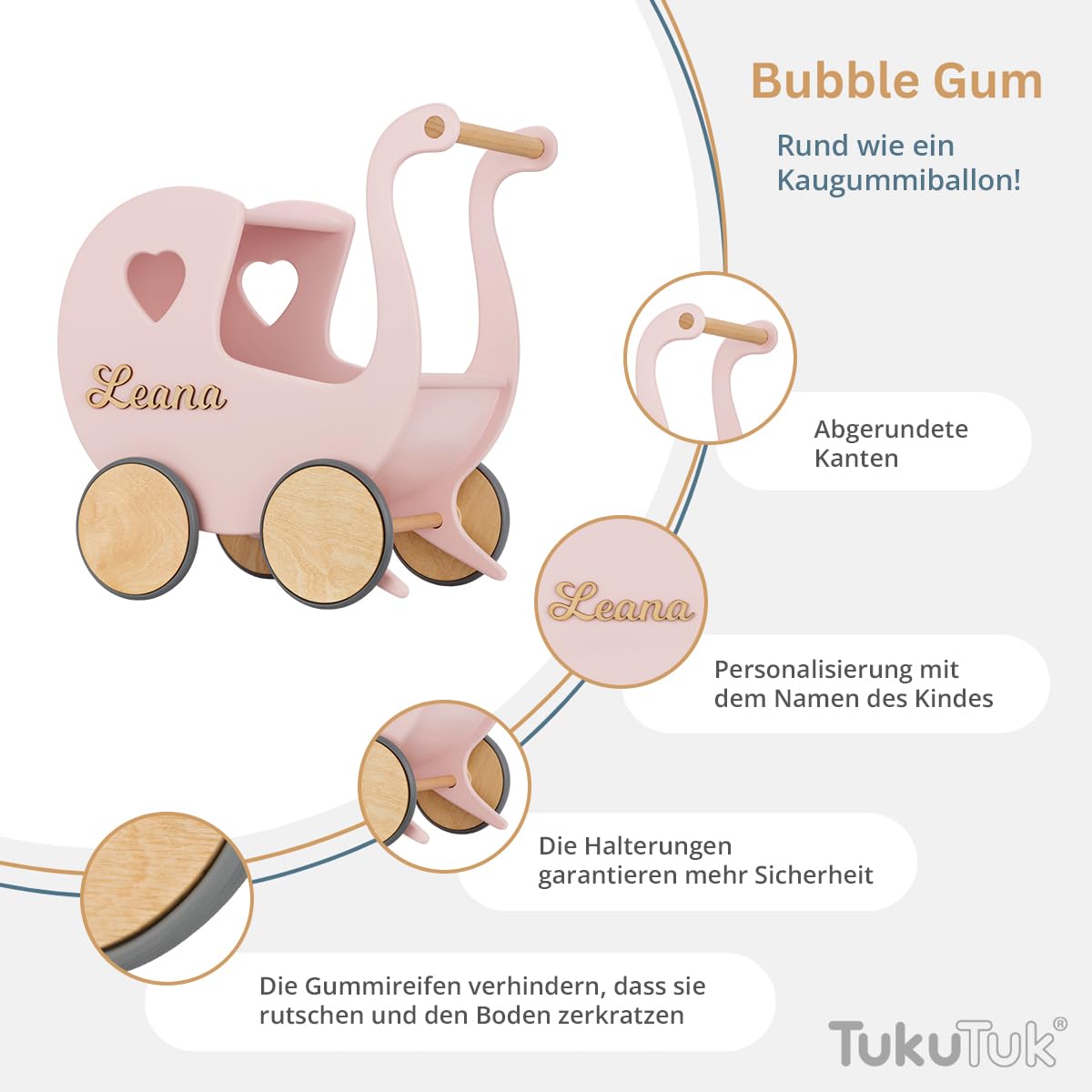 Puppenwagen ab 1 Jahr - Individuell mit Namen - Handgefertigter Puppenwagen - Holzpuppenwagen - Sicher Abgerundete Kanten - Ausdrucksstarke und Schöne Farben (Puderrosa)
