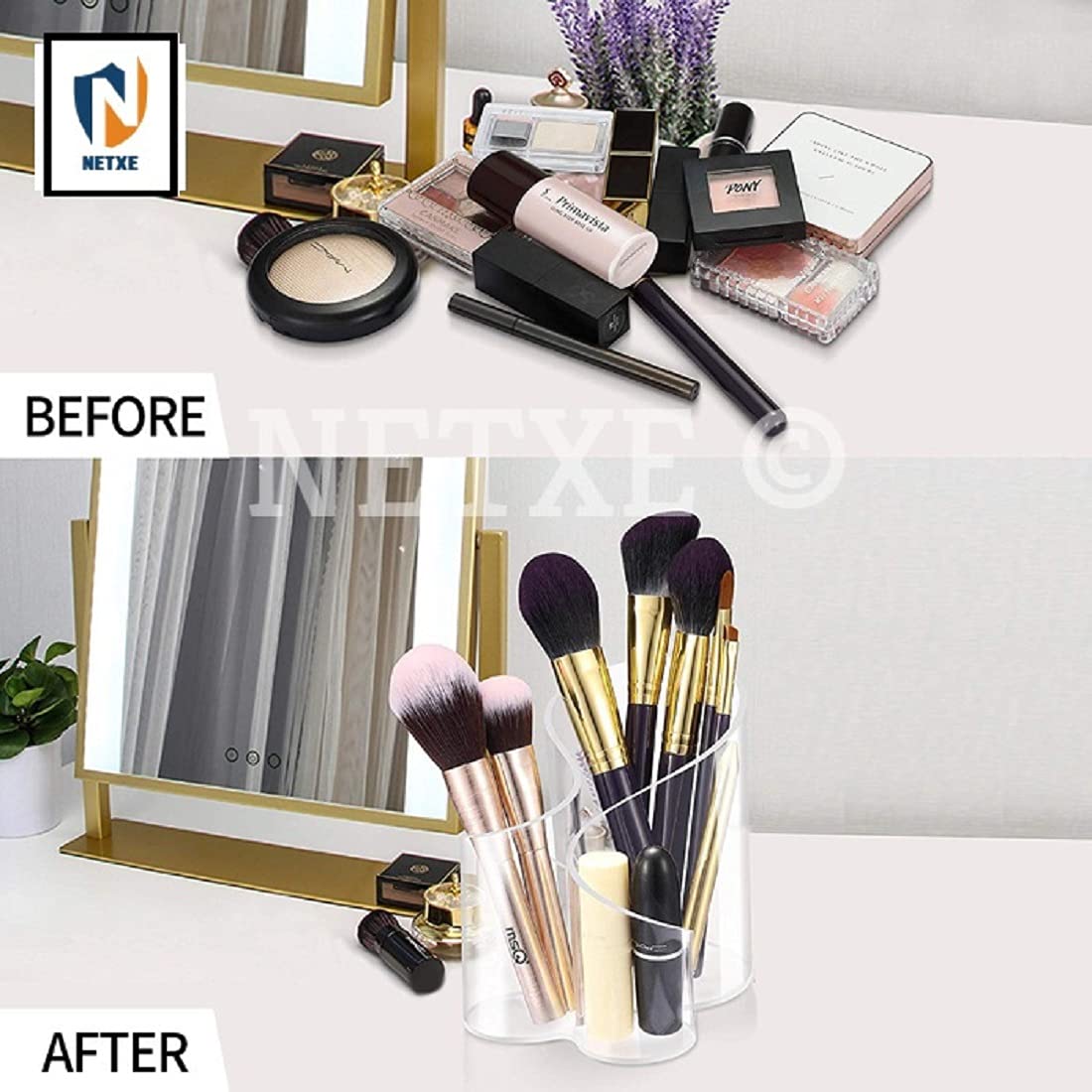 NETXE Acrylic Cosmetic Organizer for women girls Makeup Brush Holder Acrylic Nail Polish Lipstick Eyeliner Comb Storage Holder Desk Rake Organizer,dressing table organizer for home (3 Compartment) 1