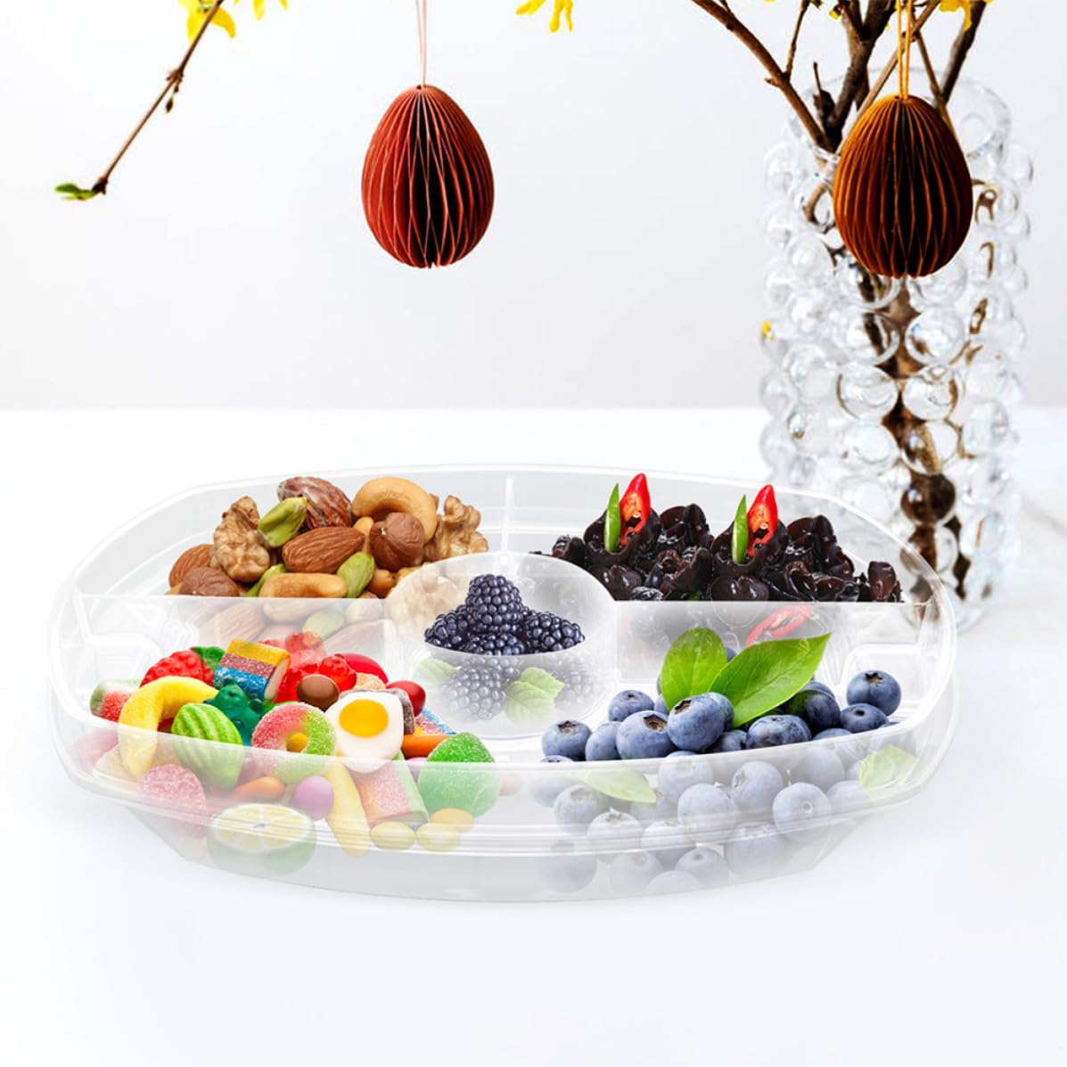 Plateau de Service Réfrigéré en Plastique avec Couvercle et 4 Compartiments, Facile à Nettoyer, pour Fruits et Snacks Lors de Toutes Occasions