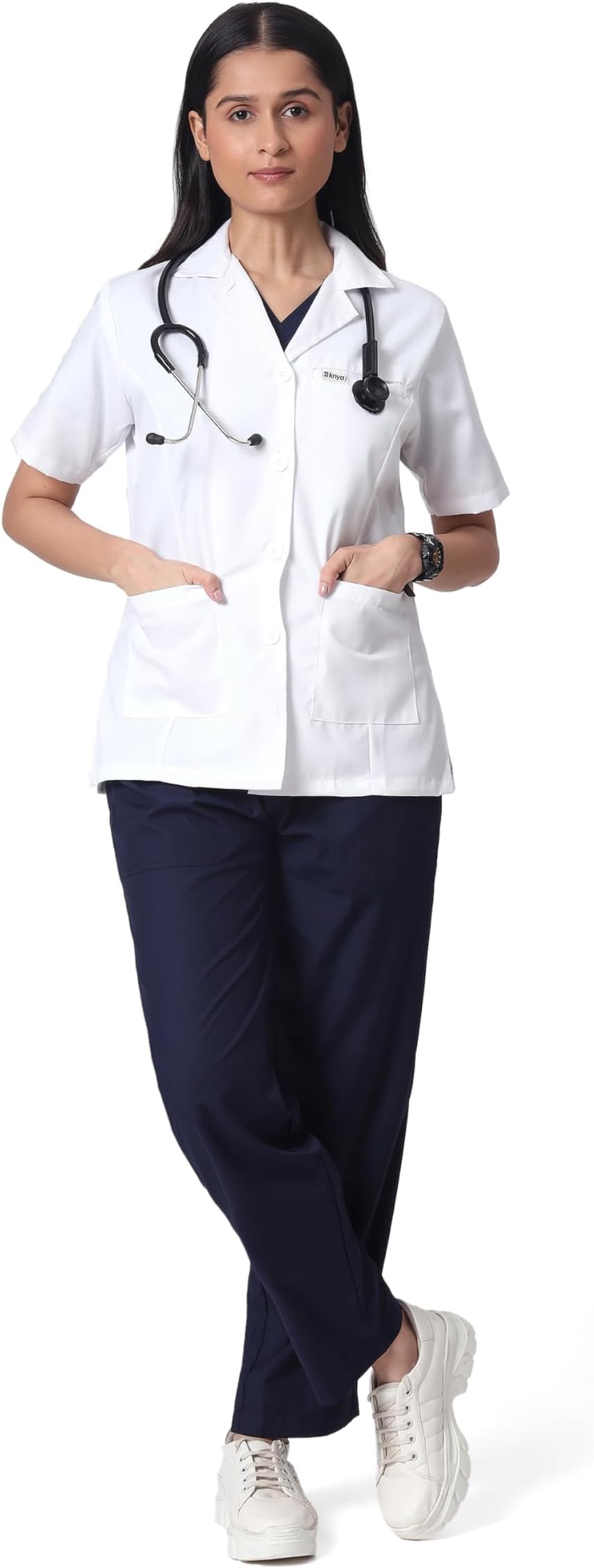 KNYA Women's Lab Coat | Poly Viscose Short Sleeves Short Medical Apron | 3 Pockets Apron Lab Coat | Uniform for Doctors | M, White