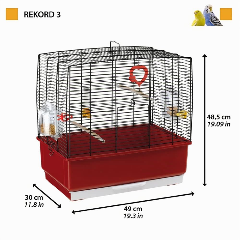Ferplast Jaula Rectangular para pájaros exóticos y Canarios Rekord 3, con Accesorios y comederos giratorios, Robusto Alambre Pintado Blanco y cubeta de plástico Azul, 49 x 30 x h 48,5 cm