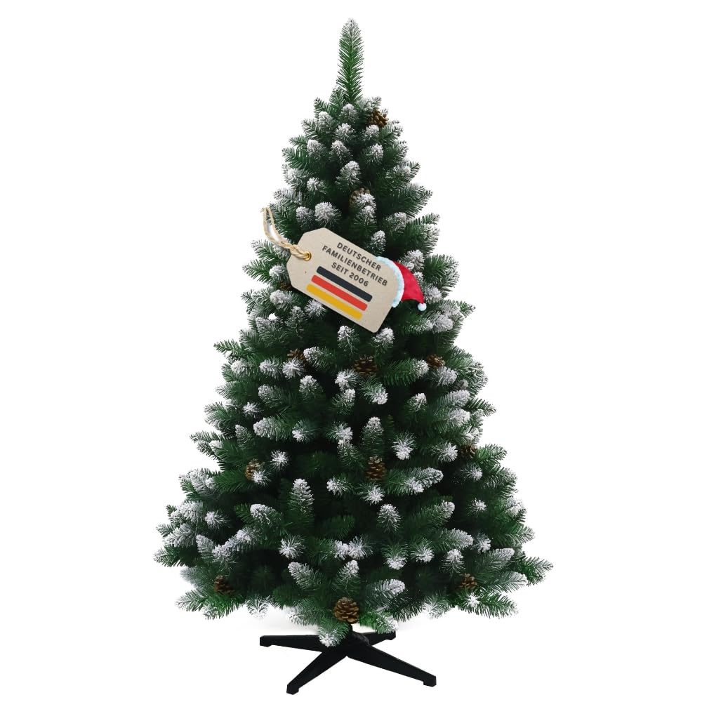 RS Trade Künstlicher Weihnachtsbaum 15013 180 cm in Grün mit Schnee und Tannenzapfen, beschneiter Tannenbaum mit Metallständer, Kunsttannenbaum, Christbaum, schwer entflammbar, für Allergiker geeignet