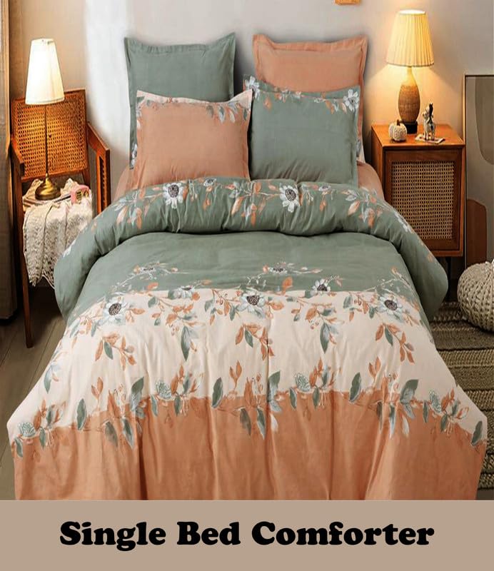 Image of Polycotton Polyester Polyfill 120 GSM Reversible Single Bed Comforter, Blanket, Queen (60x90 inch) Green & Orange