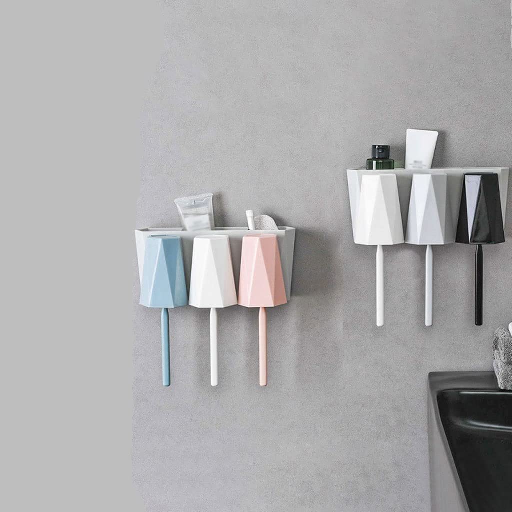 Soporte de Pared para cepillos de Dientes, Estante de Almacenamiento para baño sin Agujeros con Tres lavabos y Vasos para Pasta de Dientes y Maquillaje (C)
