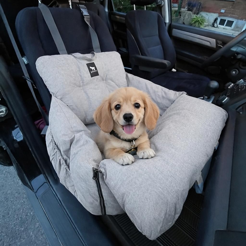 JACKO & CO Premium Dog Car Seat – Safe & Cozy Travel Bed Carrier for Small Dogs, Puppies, Pets, Clip-On Leash, Storage Pockets, Water-Resistant, Machine Wash (Grey, Standard Small (1-25lbs))