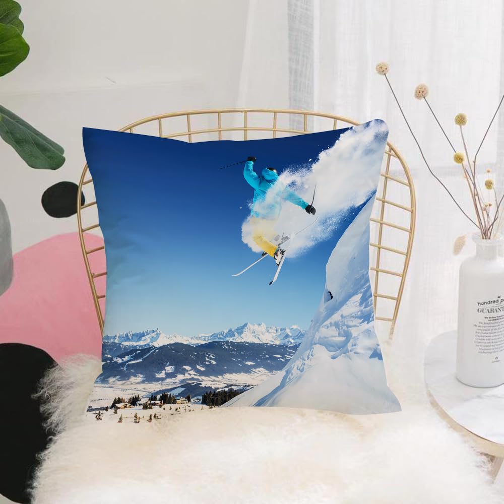 Hyosxw Jumping Skier Ski Sport Skiing Background - A1 Cushion Cover,Throw Pillow Case Home Decorative For Living Room Bedroom Sofa Chair 18X18 Inch,Jumping Skier Ski Sport Skiing Background,Pillowcase 45X45cm