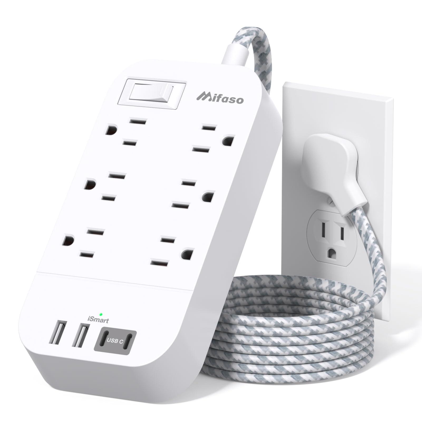 Flat Power Strip - 5 FT Plug Extension Cord, 6 Outlets 4 USB Ports Outlet Extender with Overload Protection, Wall Mount, Desktop Charging Station for