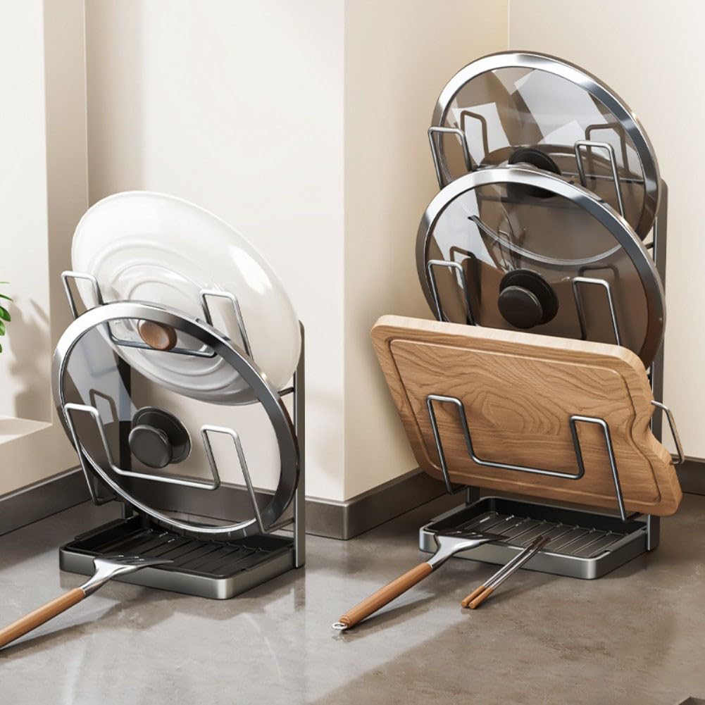 Soporte de cocina de acero resistente al calor con tapa y soporte para cucharón, organizador vertical con almohadillas protectoras para proteger las superficies de la encimera (estante doble para