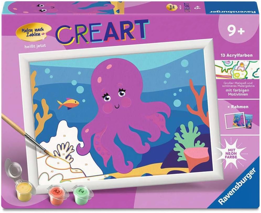 Ravensburger CreArt 12023128 - Neon Octopus - Painting by Numbers for Children from 9 Years, Painting Set with Frame, Brush and Acrylic Paints, Gift for Girls and Boys