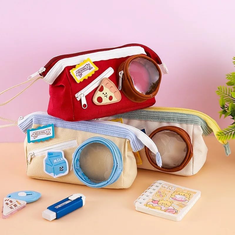 Image of Alokik Cheese Pizza Red Pencil Pouch for Girls & Boys, Large Capacity Zipper Pencil Case with Transparent Display Window & Front Pocket, Cute Food Theme Stationery Bag (Cheese Pizza - Red)