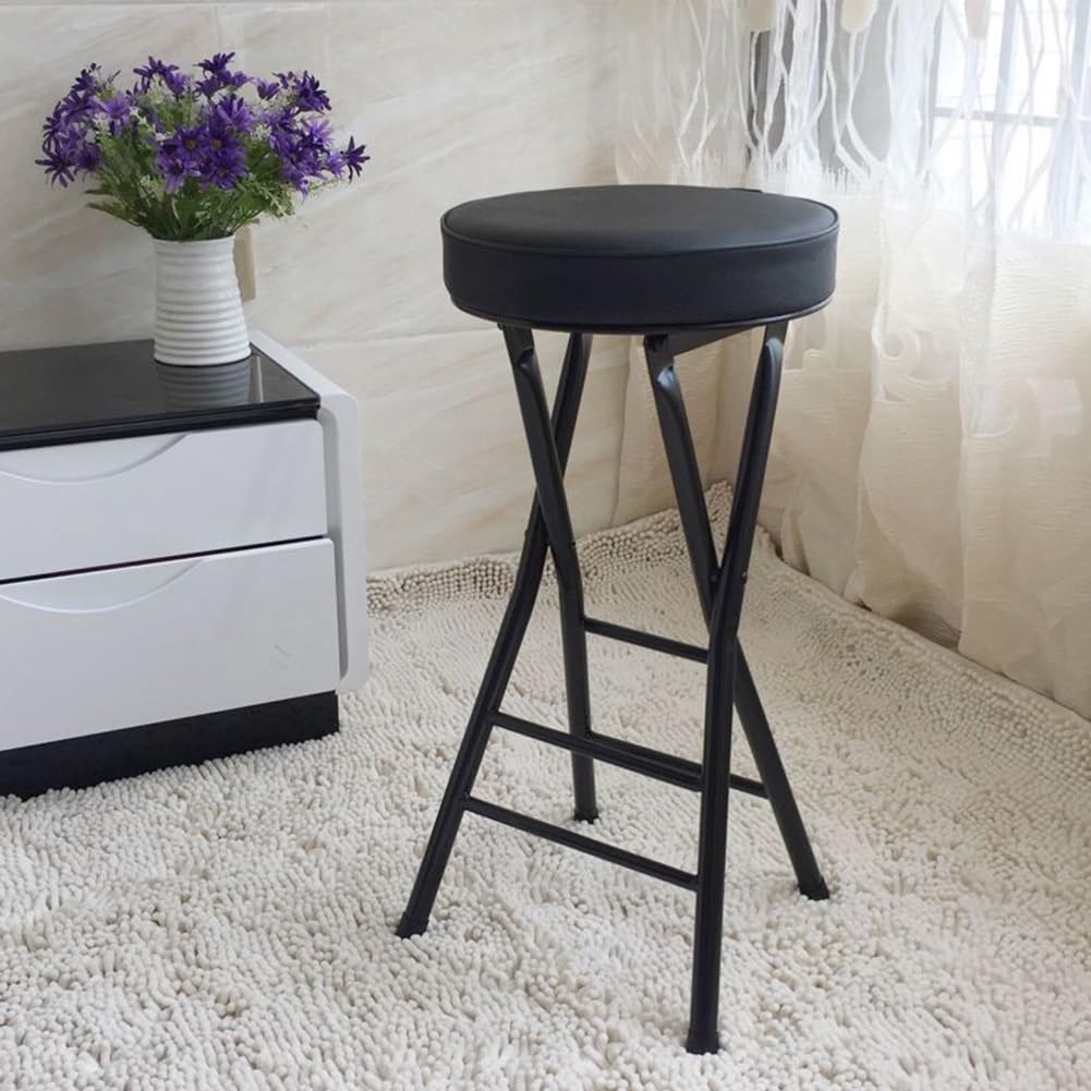 Tabouret de Bar Pliant Portable, 63cm Tabouret Rond sans Dossier, Chaise Haute Rembourrée pour Cuisine/Extérieure/Magasin/Café (Color : Black)