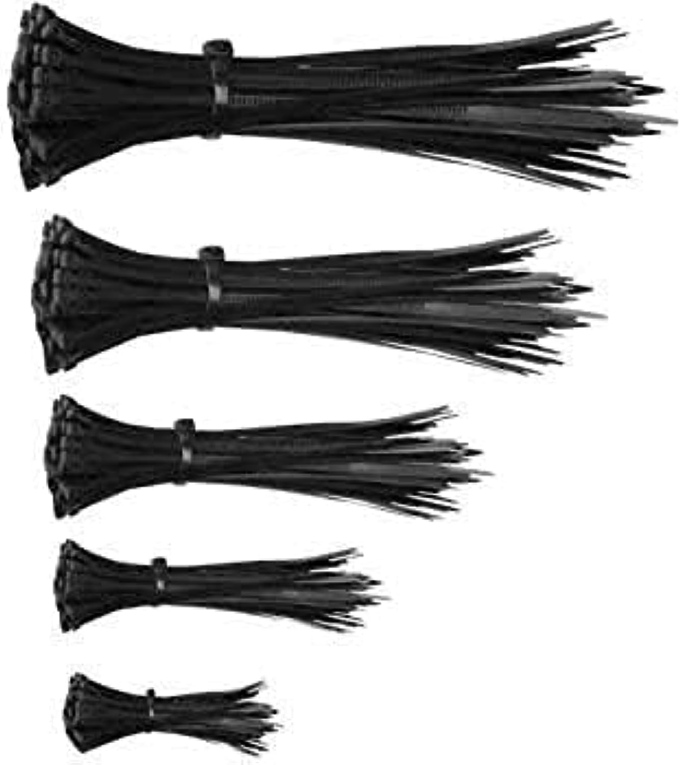 Assorted 4, 6, 8, 10, 12 Inch Nylon Cable Ties Zip Wire Organizer Ties, 50 Pieces Each Size Combo - Black