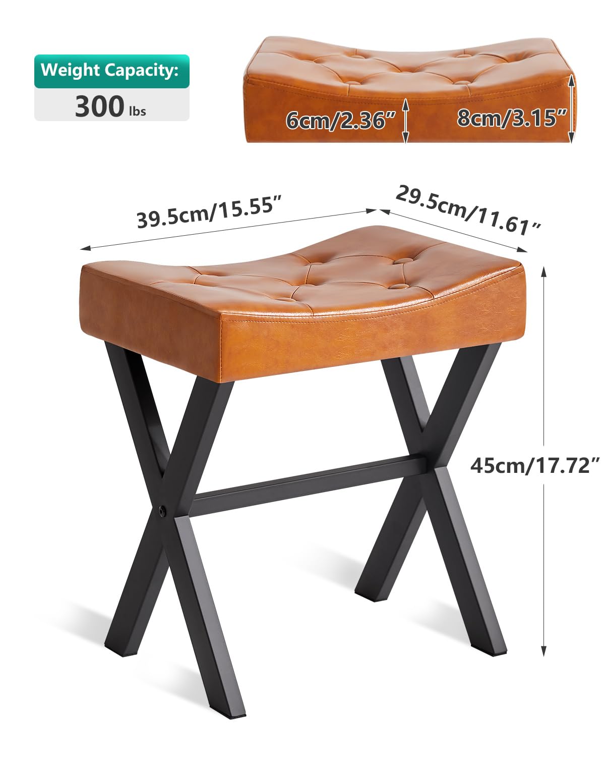 IBUYKE PU Sgabello Vanity a Forma di U con X-Leg, Poggiapiedi Ottomano Quadrato, Multi-Use Come Piccolo Tavolino per Camera da Letto, Marrone Chiaro WBD019J