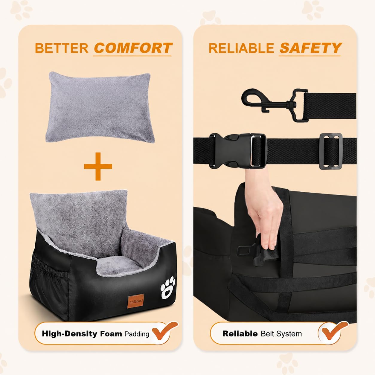 Hunde Autositz, 70x60x45cm, 2 Ansteckbare, Verstellbare Sicherheitsleinen, Auto-Hundebett für kleine Hunde, komplett Abnehmbarer und Waschbarer Autositz für Haustiere mit 2 Aufbewahrungs