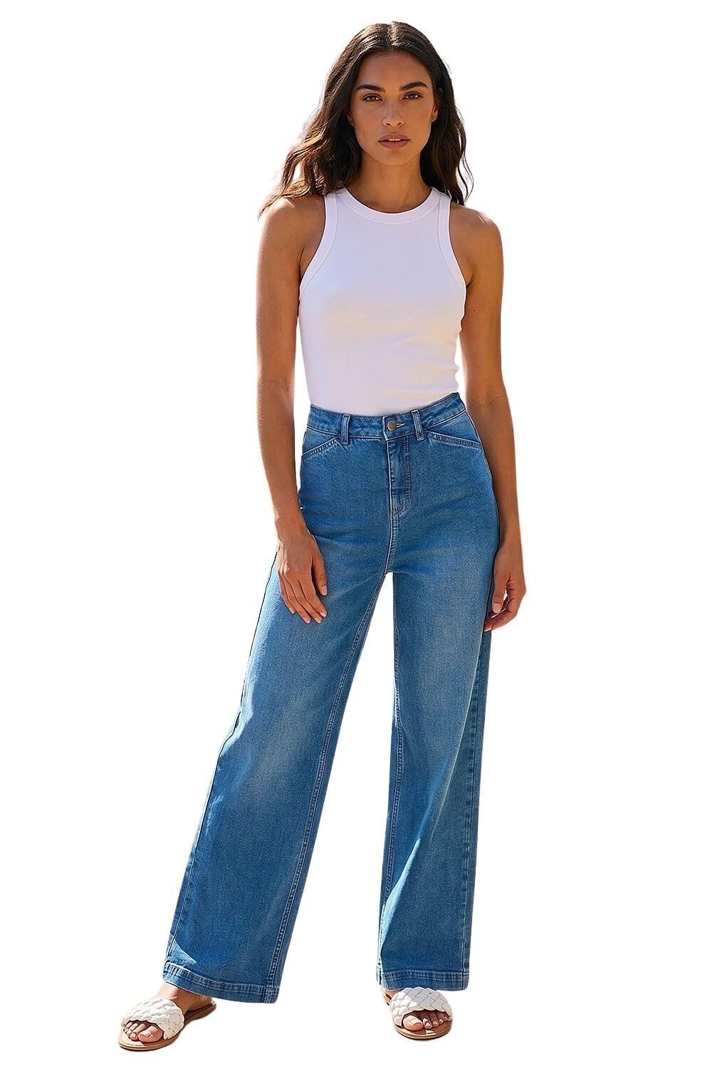 Roman Originals Women's Light Denim Wide Leg Jeans For Uk Denim Trousers Palazzo Pants Jeggings Stretchy Cotton Summer Winter Smart Office Work Party Flattering Bottoms - Size 14